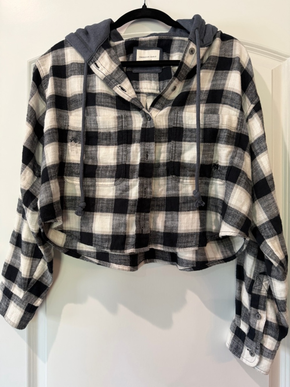 American Eagle Navy & Cream Plaid Hooded Grunge Cropped Shacket - Picture 2 of 10